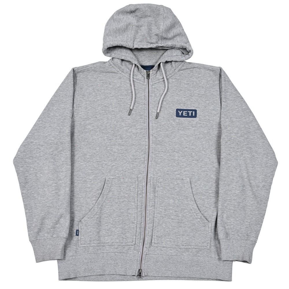 YETI Hoodie Men's XL Full Zip Gray Sweatshirt Blue Spellout Logo Side Pockets